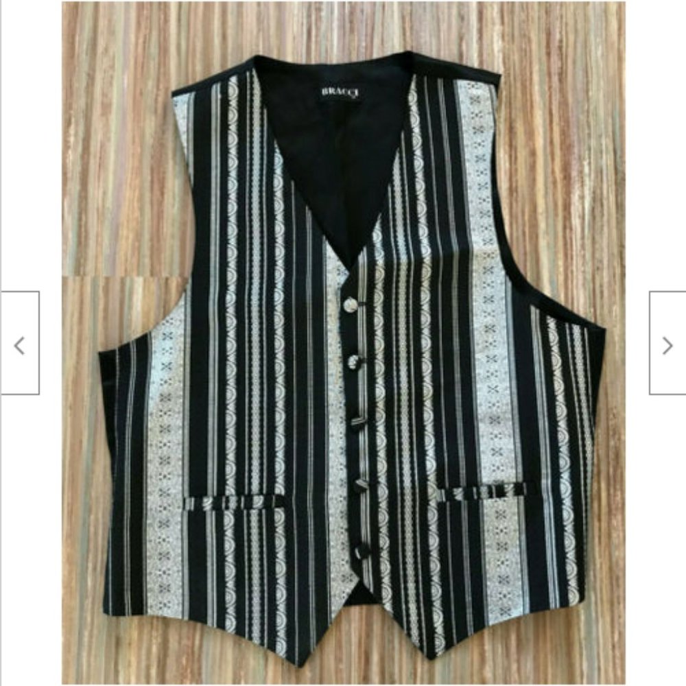 Bracci Formal Black Satin & Silver Metallic Vest Size Large 42" Chest